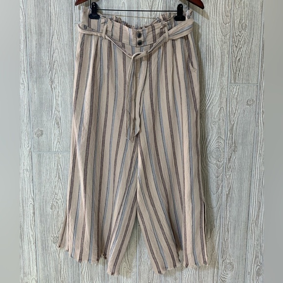 Rewash Linen Paper Bag Waist Wide Leg Striped Raw Edge Split Hem Crop Pants L - Picture 1 of 11